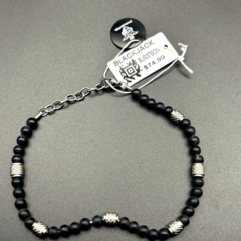 Blackjack BJS37BON Mens Genuine Onyx Stainless Steel Beaded Bracelet NIBWT - Picture 4 of 17